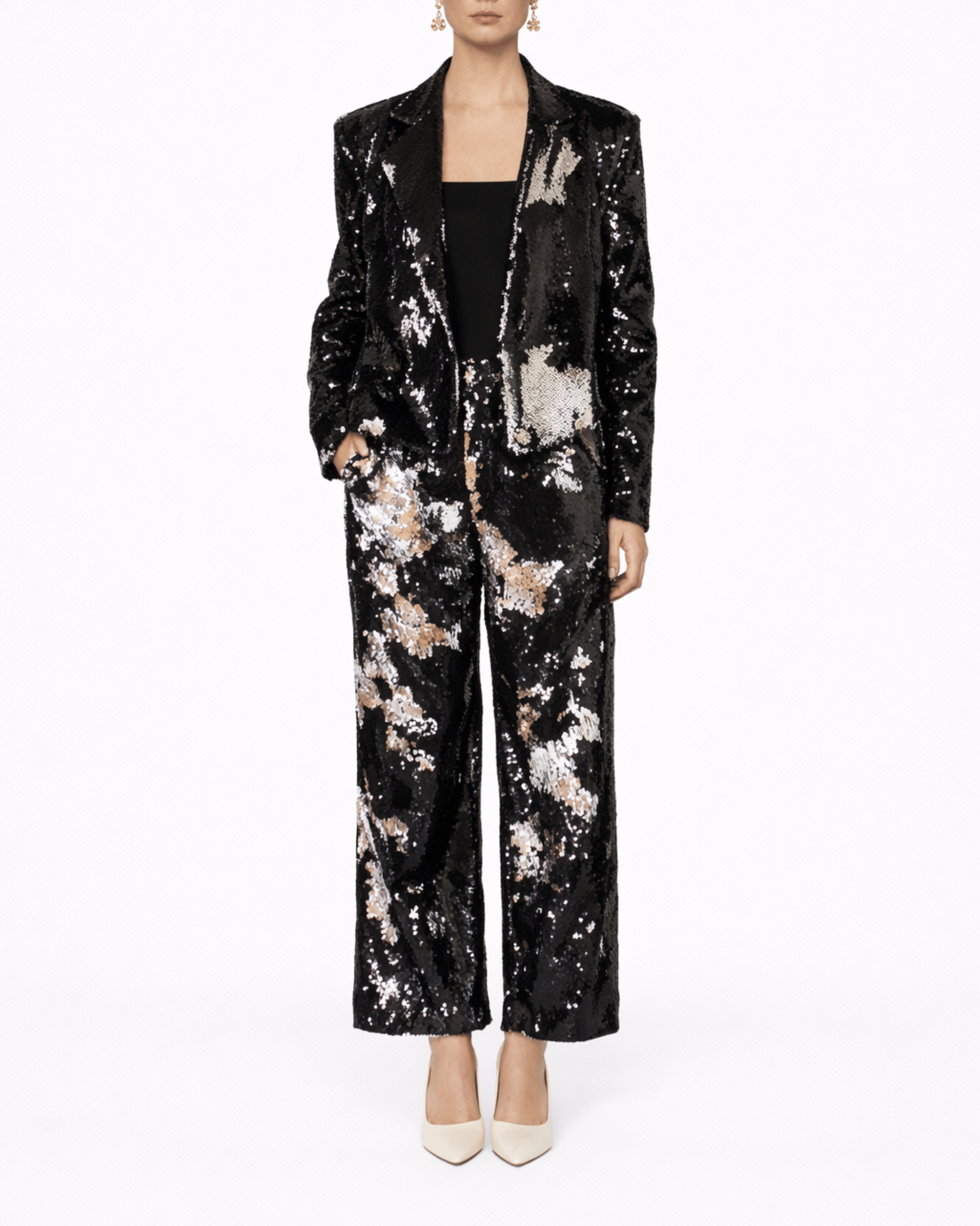 YCMG Mermaid Sequin Cropped Coat & Straight-Leg Pants Co-ord Set